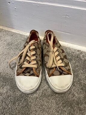 Coach Low-Top Signature Canvas Sneakers in Khaki and Cognac